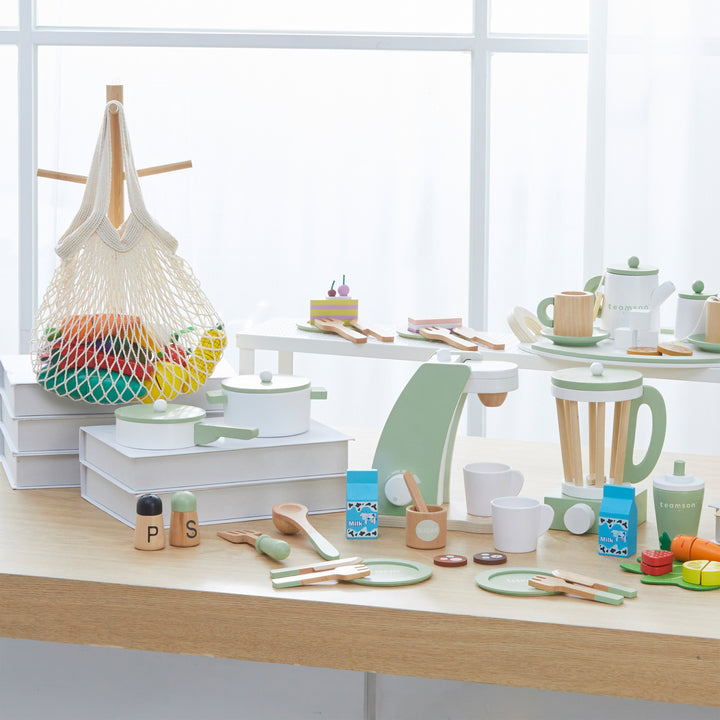 Teamson 14-Piece Wooden Play Kitchen Cookware Set with Green Utensils Set 2 Pots with Matching Lids, Spatula, Serving Spoon, 2 Plates, 2 Knives, 2 Forks, Salt and Pepper Shakers, Little Chef Frankfurt