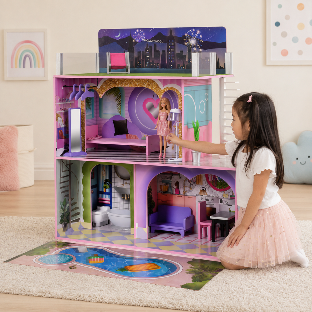 Teamson Kids Dreamland Sunset Wooden Doll House with 3 Levels, Kitchen, Living Area, Bedroom, Bathroom, Outdoor Play Pieces, Lights and 16 Accessories