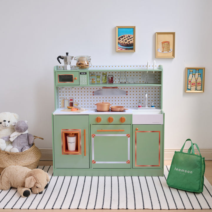 Wooden Play Kitchen with 15 Accessories, Green - Little Chef St. Louis by Teamson Kids