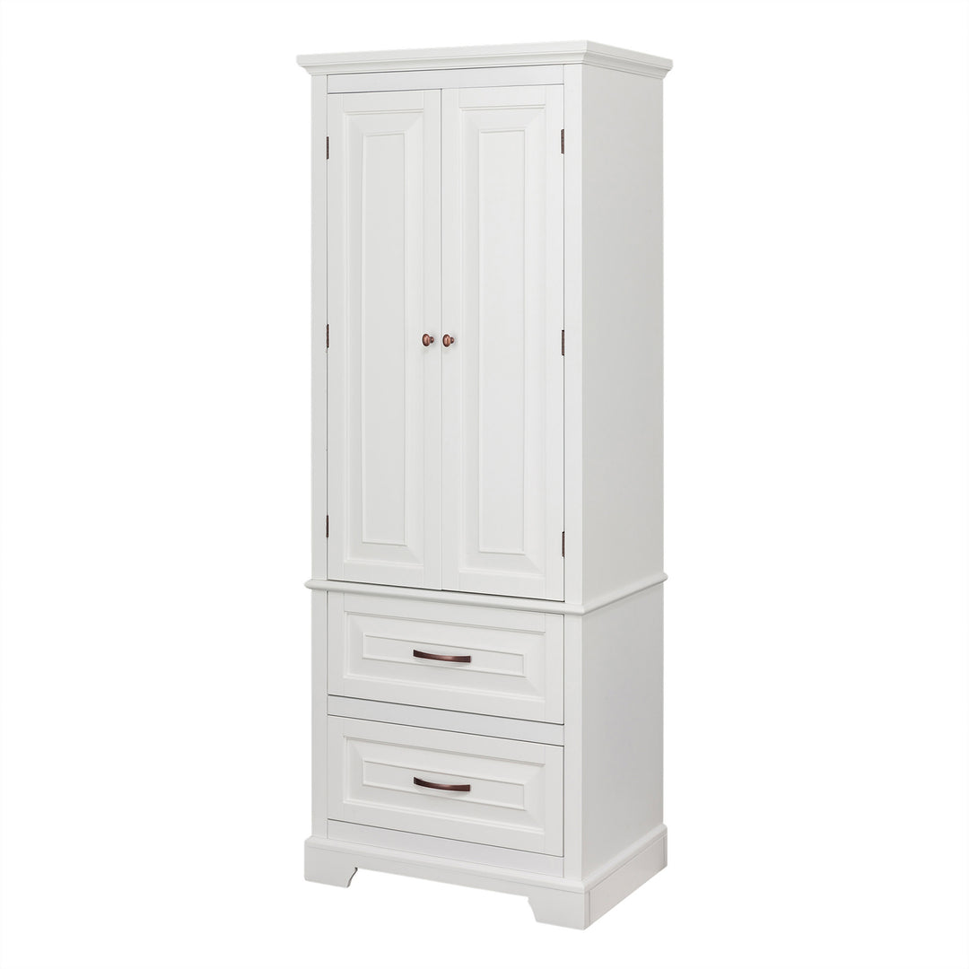 Tall white cabinet with double doors and two drawers on the bottom