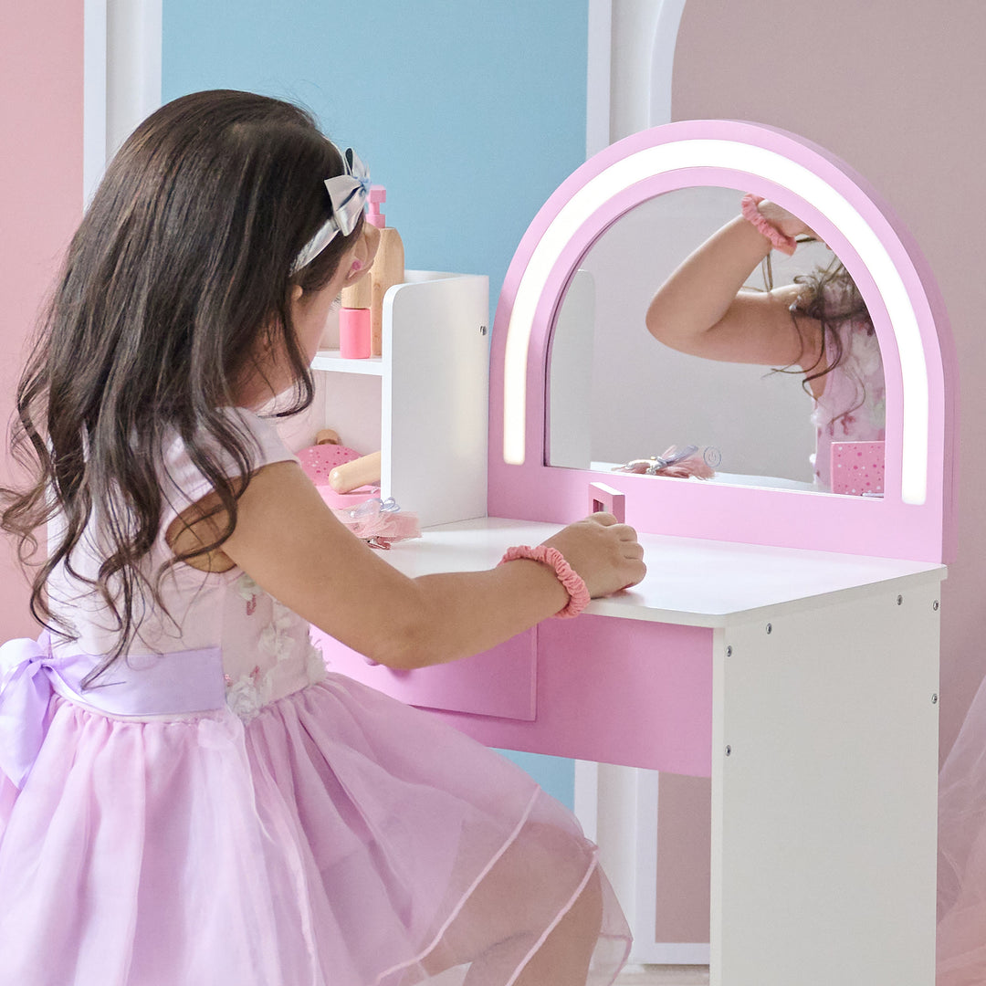 Rosé Shine Wooden 2-in-1 Play Vanity & Desk with LED Mirror for Pretend Play by Teamson Kids