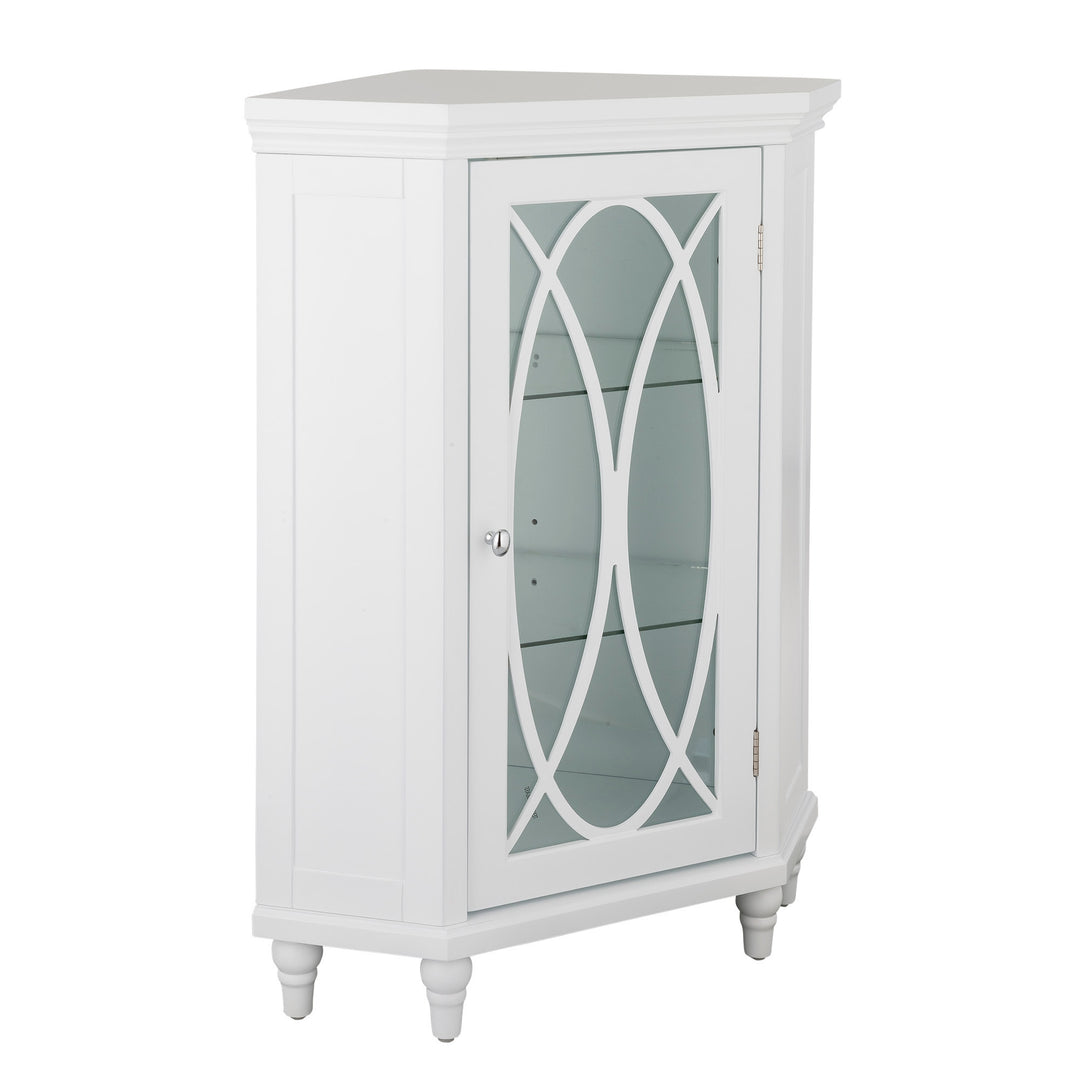 Side view of a white corner floor cabinet with a decorative glass door