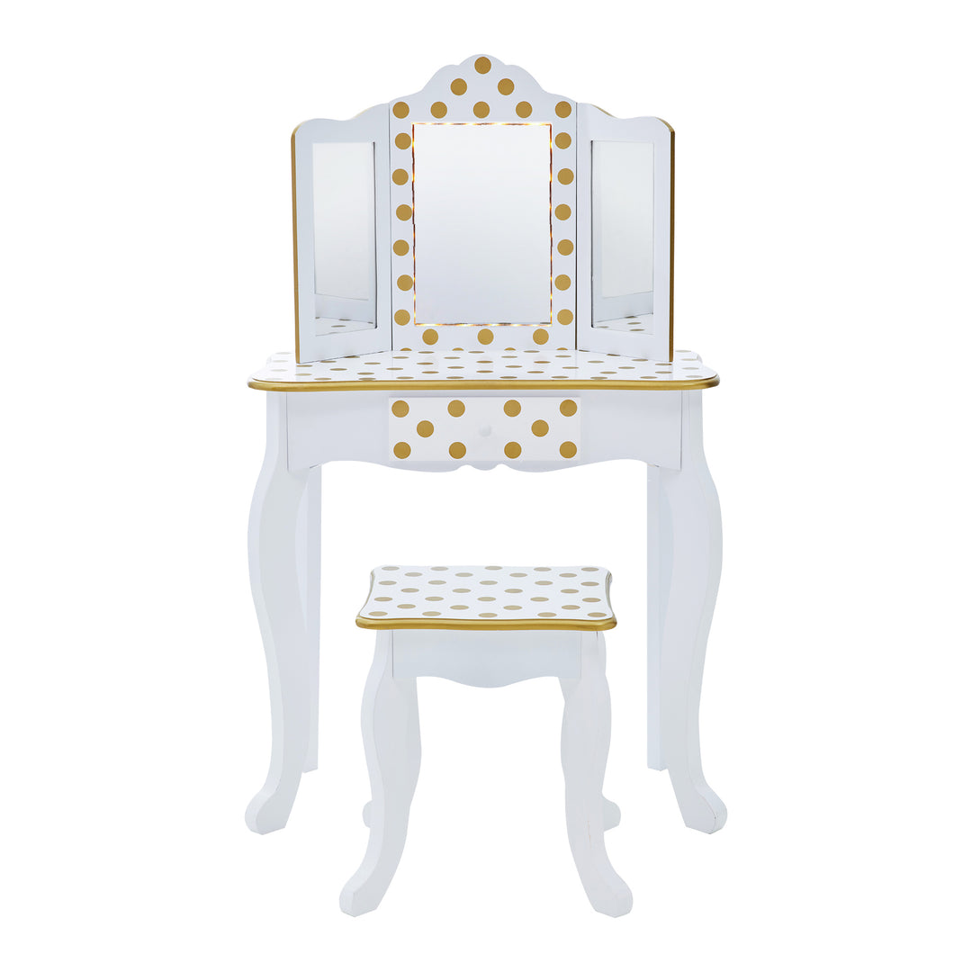 Teamson Kids Polka Dot Prints Gisele Vanity Playset with LED Mirror, White/Gold