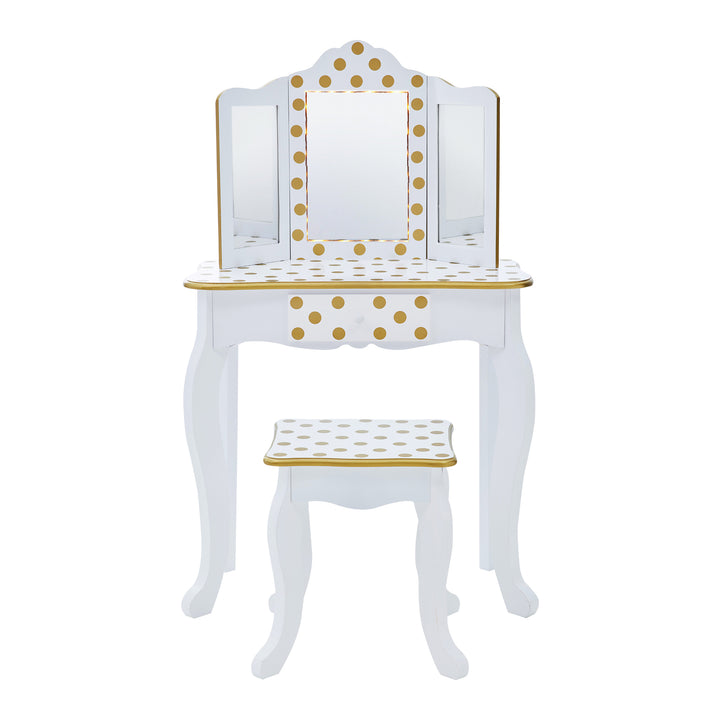 Teamson Kids Polka Dot Prints Gisele Vanity Playset with LED Mirror, White/Gold