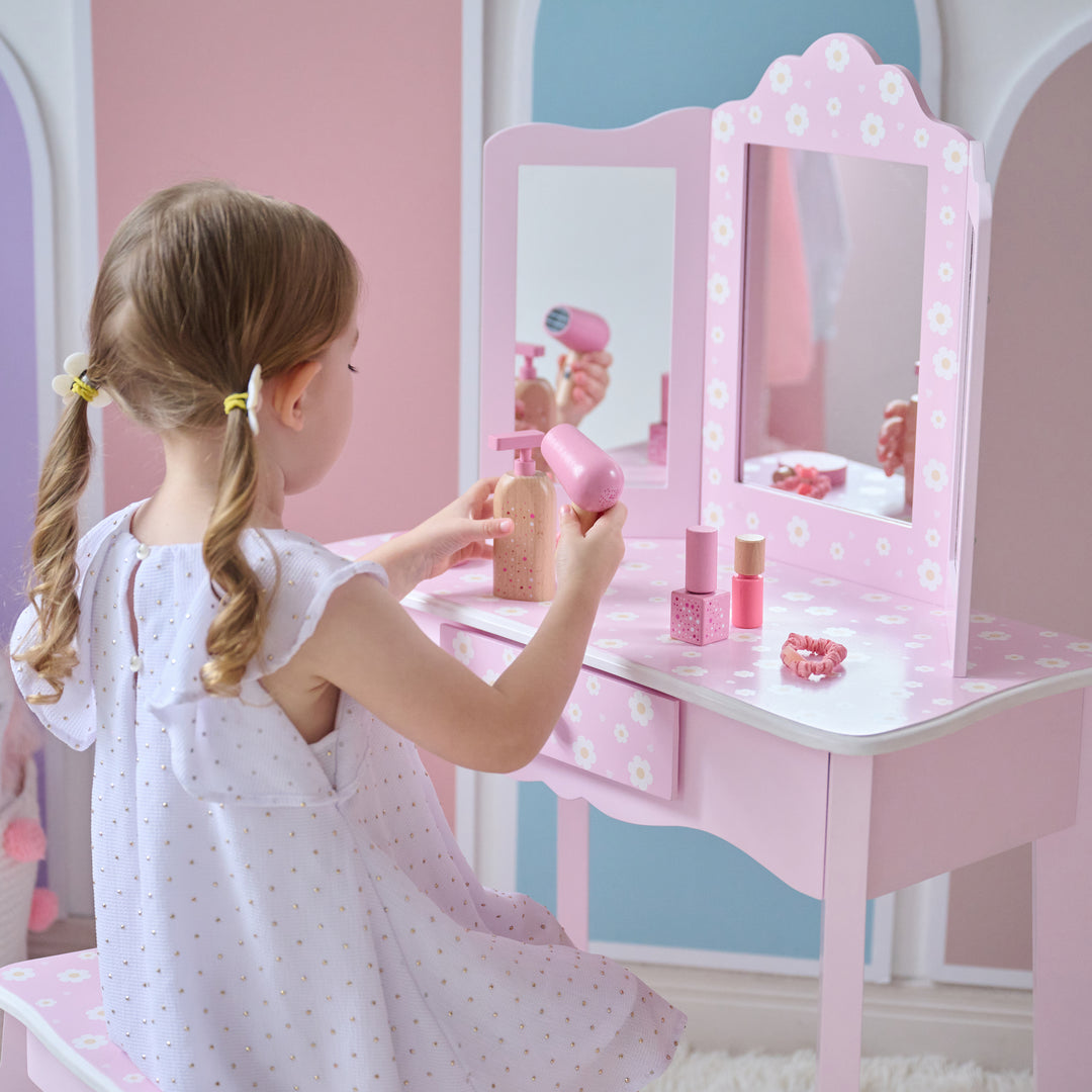 Daisy Prints Gisele Wooden Play Vanity Set wit Three Way Mirror & Stool for Pretend Play by Teamson Kids