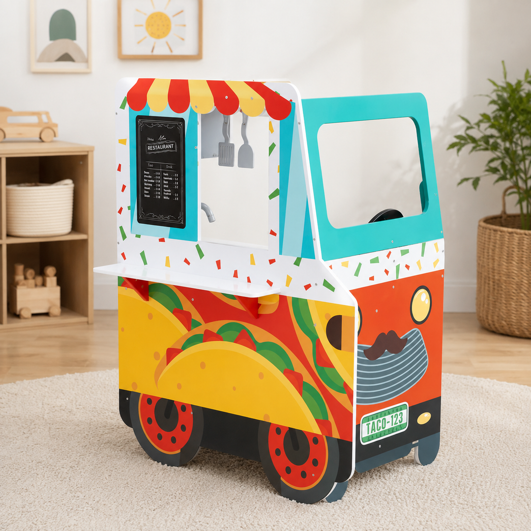 Teamson Kids My Little Helper Two-Sided Taco Truck Playset with Food Truck Exterior, Kitchen Interior, Steering Wheel, Sink, Griddle, Microwave, Oven and Accessories
