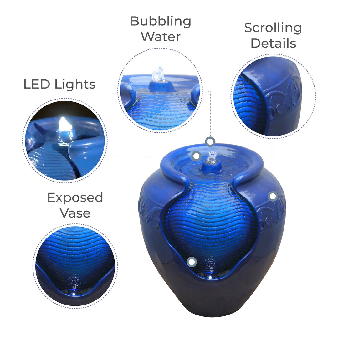 Infographic with callouts for exposed vase surface, LED lights, bubbling water and scrolling detail