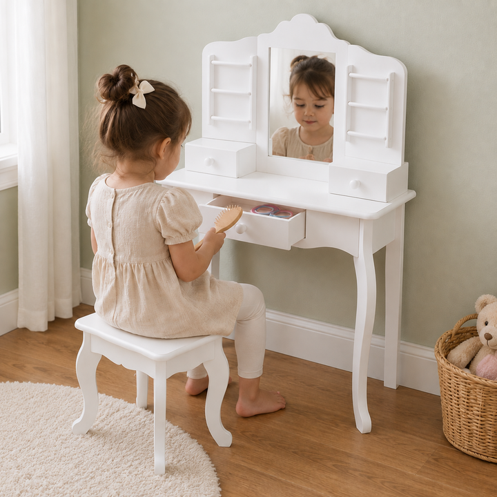 Teamson Kids Wooden Kids Vanity Table and Stool Set, Brilliant White, Modern Pretend Play Set with Shatterproof Acrylic Mirror, 3 Storage Drawers, Jewelry Hooks Little Princess Anna