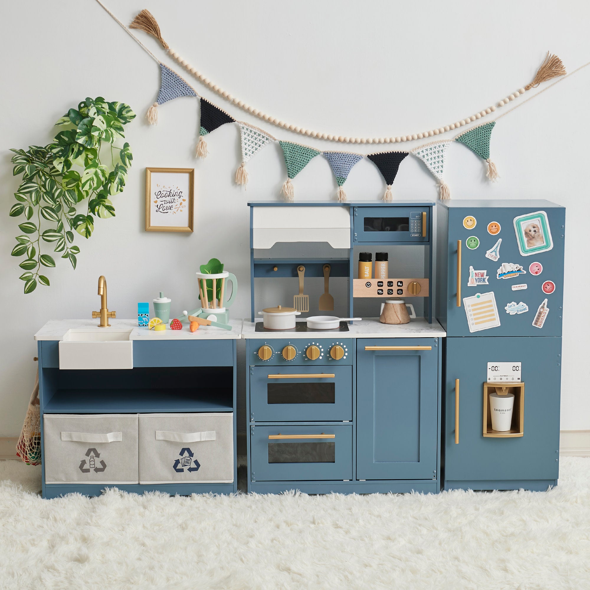 Brinjoy Kitchen Playset for Kids, Wooden Toddler Kitchen Set w/Curtains, Coffee Maker, Storage Shelf, Stove,Sink, Utensils, Light & Sound, Kids