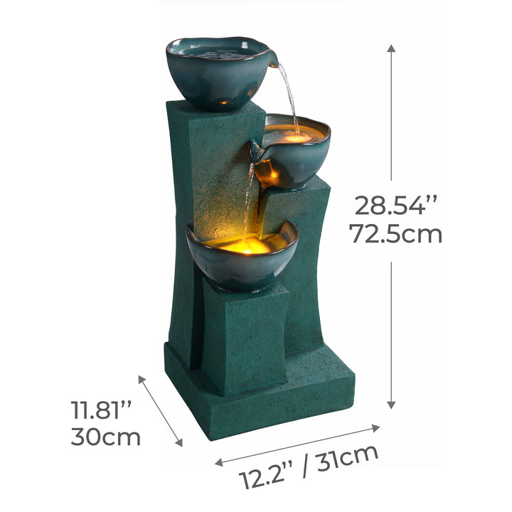 Teal colored fountain shown with dimensions.