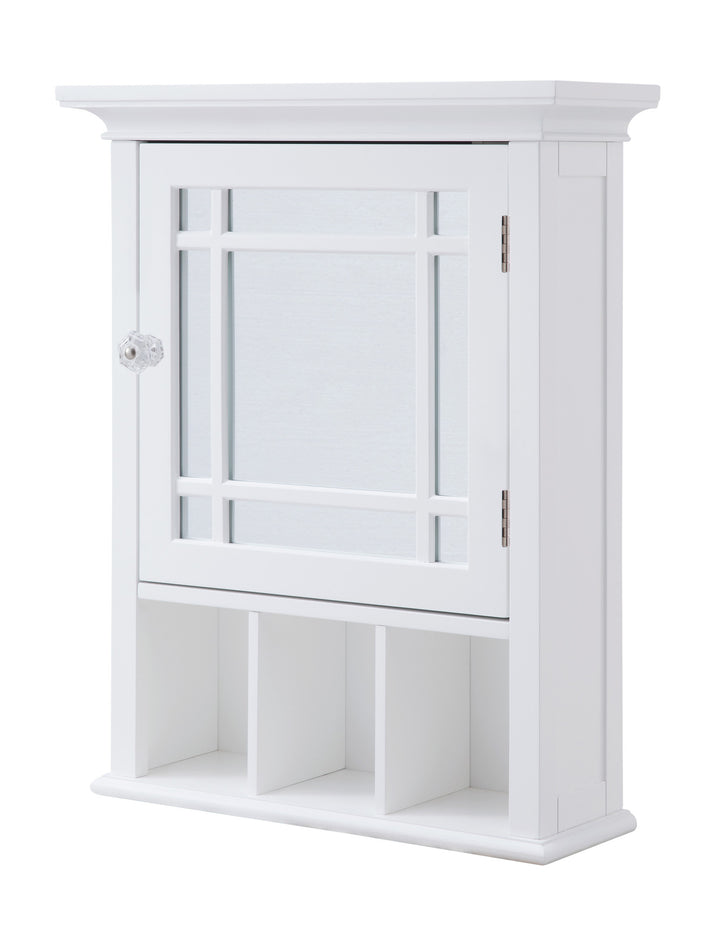 A white wall cabinet with mirrored door and bottom shelf 