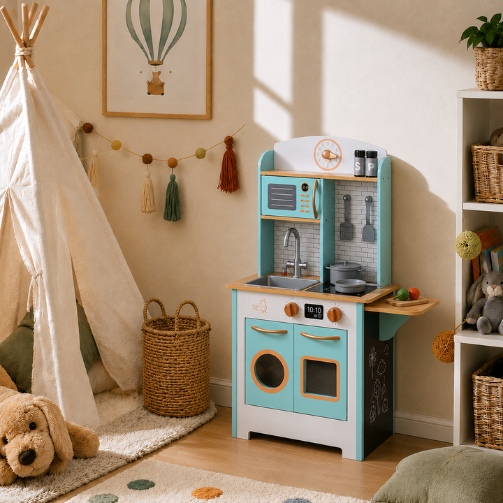 Teamson Kids Little Chef Santos Retro Small Play Kitchen with Microwave, Stove, Oven, Blackboards, Cookware Pieces, 7 Accessories