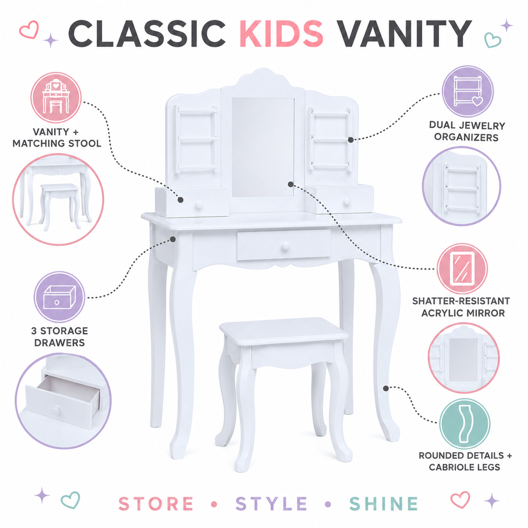 Teamson Kids Wooden Kids Vanity Table and Stool Set, Brilliant White, Modern Pretend Play Set with Shatterproof Acrylic Mirror, 3 Storage Drawers, Jewelry Hooks Little Princess Anna