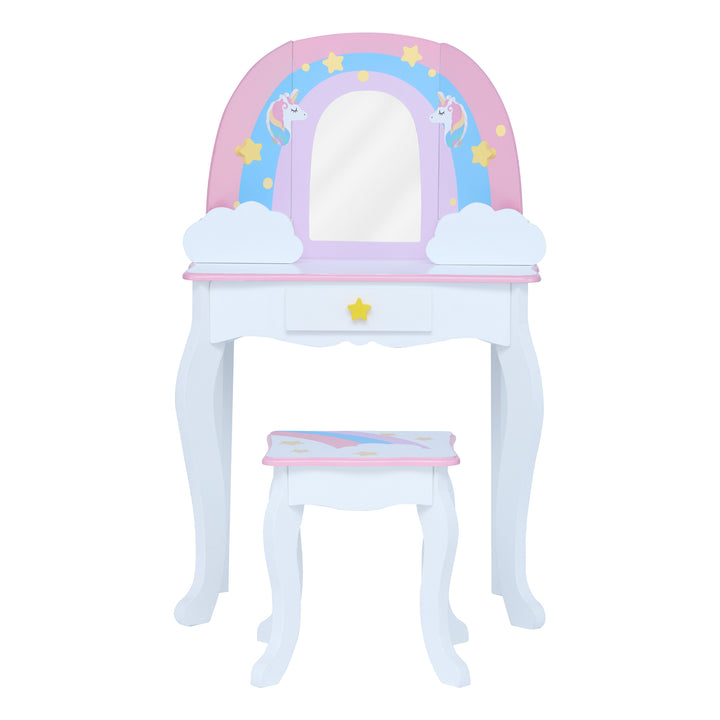 A white vanity table and stool with a rainbow, unicorns, stars, and a mirror.
