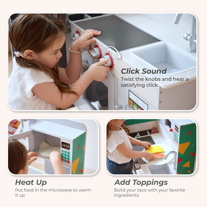 Teamson Kids My Little Helper Two-Sided Taco Truck Playset with Food Truck Exterior, Kitchen Interior, Steering Wheel, Sink, Griddle, Microwave, Oven and Accessories