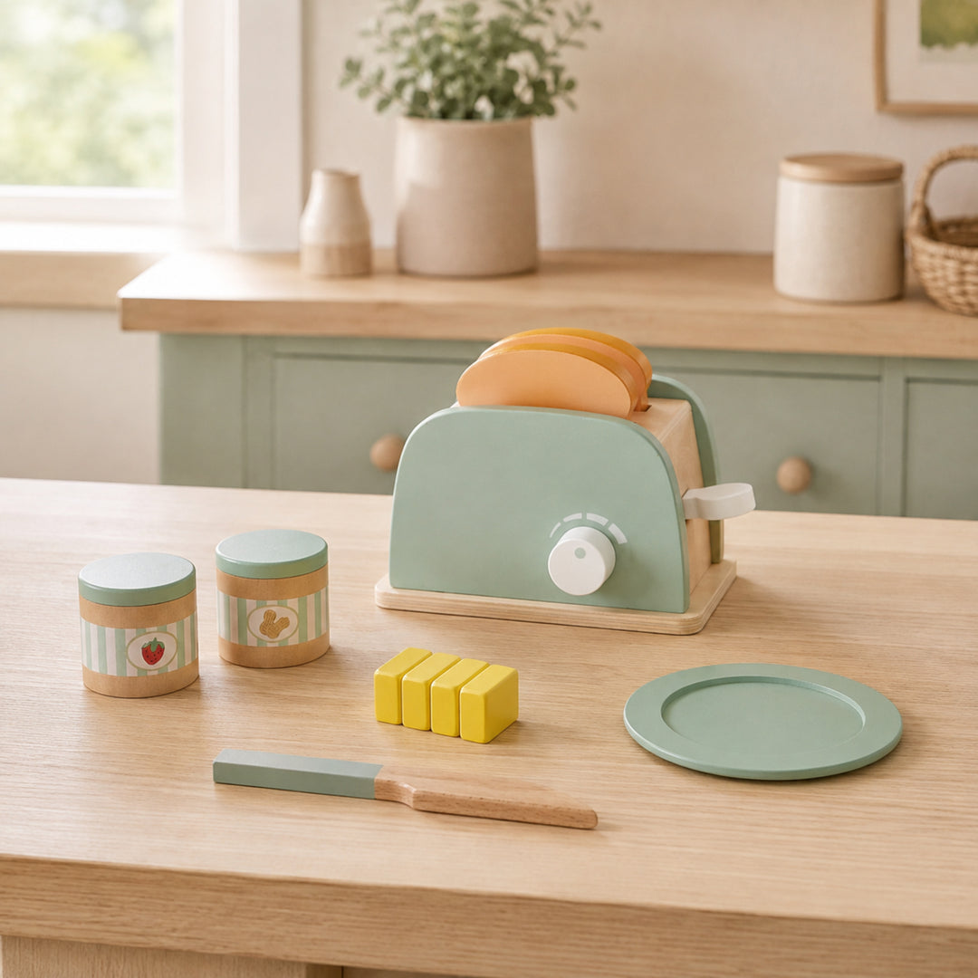 Teamson Kids 10-Piece Wooden Toy Toaster and Pretend Play Food Set, Green Kitchen Set with Pretend Bread, Knife and Plate for Interactive Play, Lever Makes Toast Slices Pop Little Chef Frankfurt