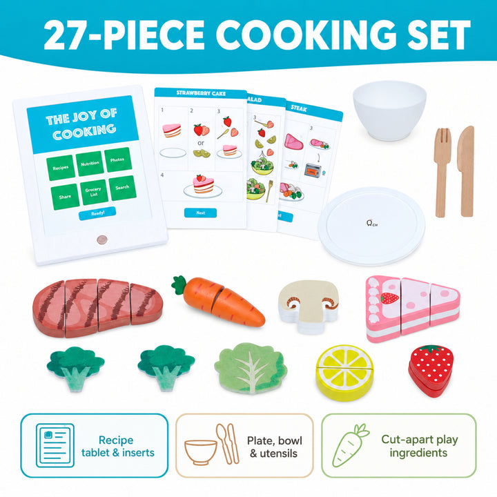 Teamson Kids 27-Piece Wooden Play Food Set and Pretend Recipe Tablet, Green Pretend Play Food Kitchen Set to Slice and Cut Food for Interactive Play for Little Chef Frankfurt