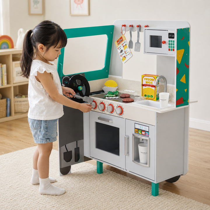 Teamson Kids My Little Helper Two-Sided Taco Truck Playset with Food Truck Exterior, Kitchen Interior, Steering Wheel, Sink, Griddle, Microwave, Oven and Accessories