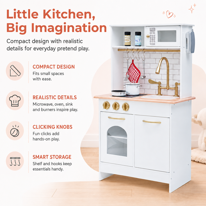 Teamson Kids Little Chef Boston Small Wooden Play Kitchen with Oven, Microwave, Sink, Clicking Knobs, Utensil Hooks, Storage Shelf and 9 Accessories