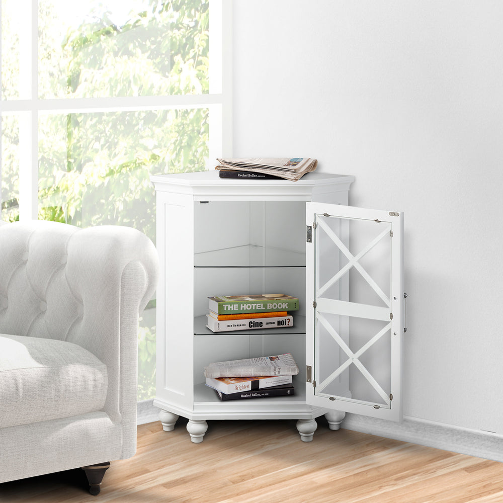 A corner floor cabinet with an open glass door and two glass shelves inside