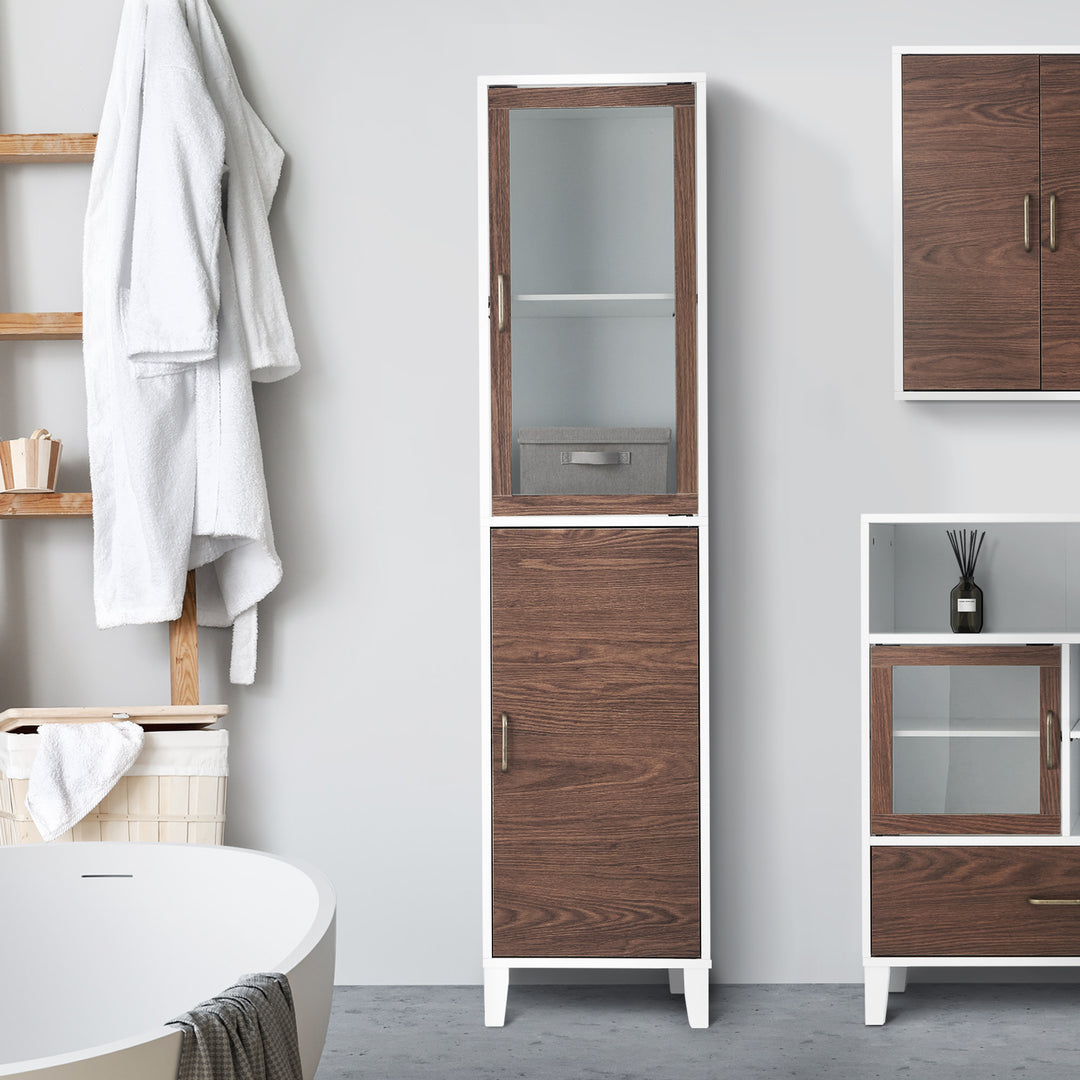 A white and wood linen cabinet with two doors - one with a glass panel