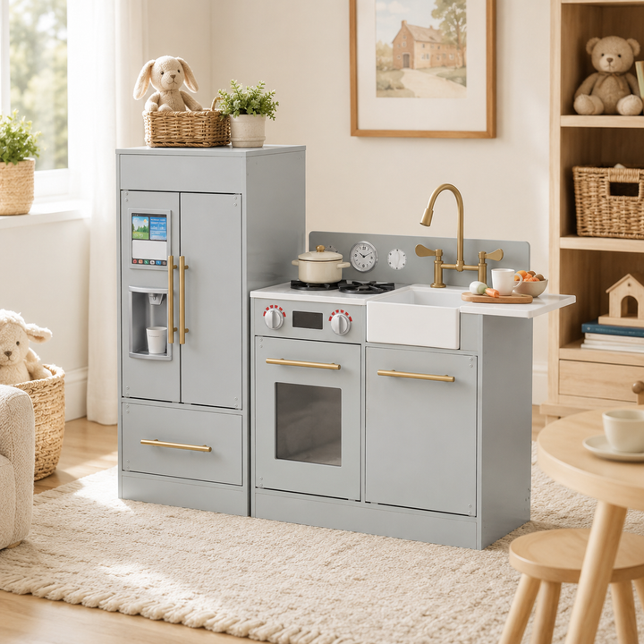 Teamson Kids Little Chef Charlotte Modular Play Kitchen Set with Realistic Stove, Sink, and Refrigerator, Kids Kitchen Playset for Toddlers Ages 3–7, Toy Cooking Set, Gray/Gold
