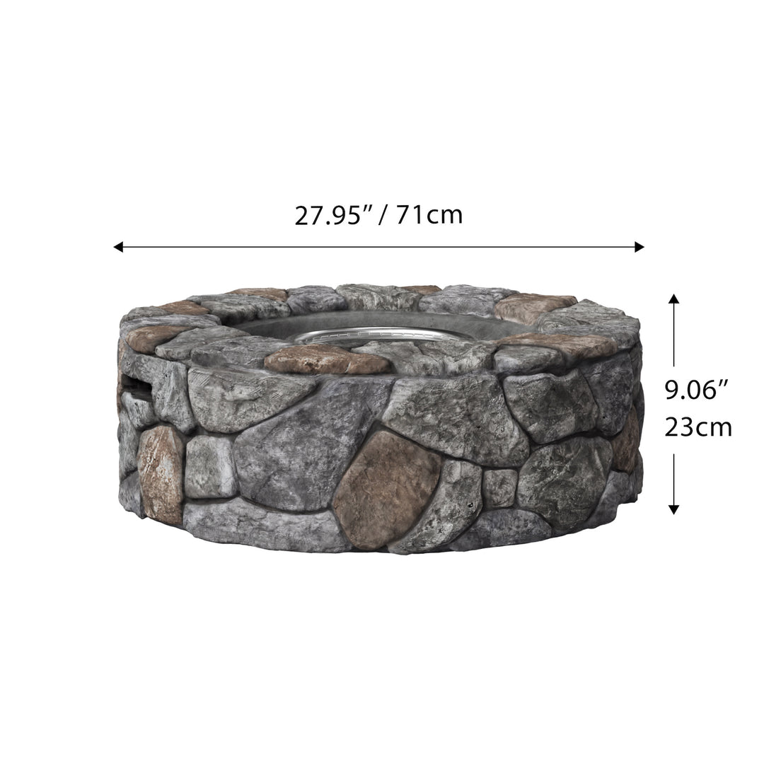 Dimensional graphic of a faux stone gas fire pit in inches and centimeters