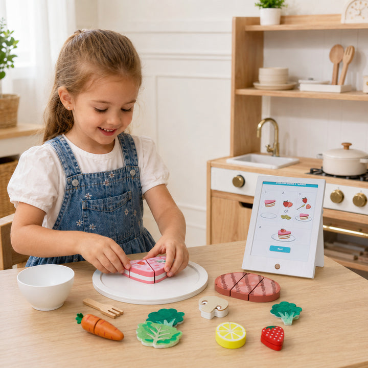 Teamson Kids 27-Piece Wooden Play Food Set and Pretend Recipe Tablet, Green Pretend Play Food Kitchen Set to Slice and Cut Food for Interactive Play for Little Chef Frankfurt