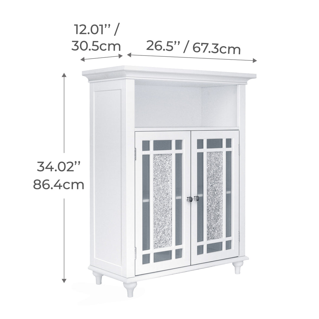 Dimensional graphic of a white floor cabinet