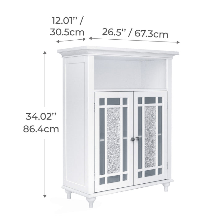 Dimensional graphic of a white floor cabinet