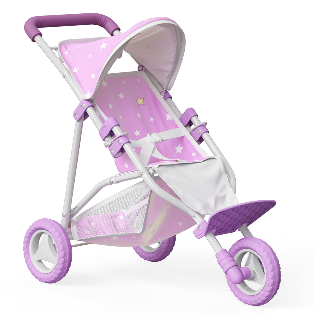 Sideview of a purple Olivia's Little World Twinkle Stars Doll Jogging Stroller