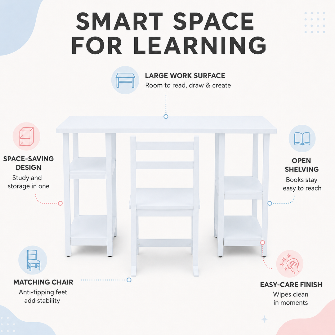 Teamson Kids Wooden Desk & Chair Set with 4 Open Storage Shelves, Spacious Tabletop, Anti-Tip Chair for Reading, Writing, Homework, Drawing & Crafts, Ages 3+, White