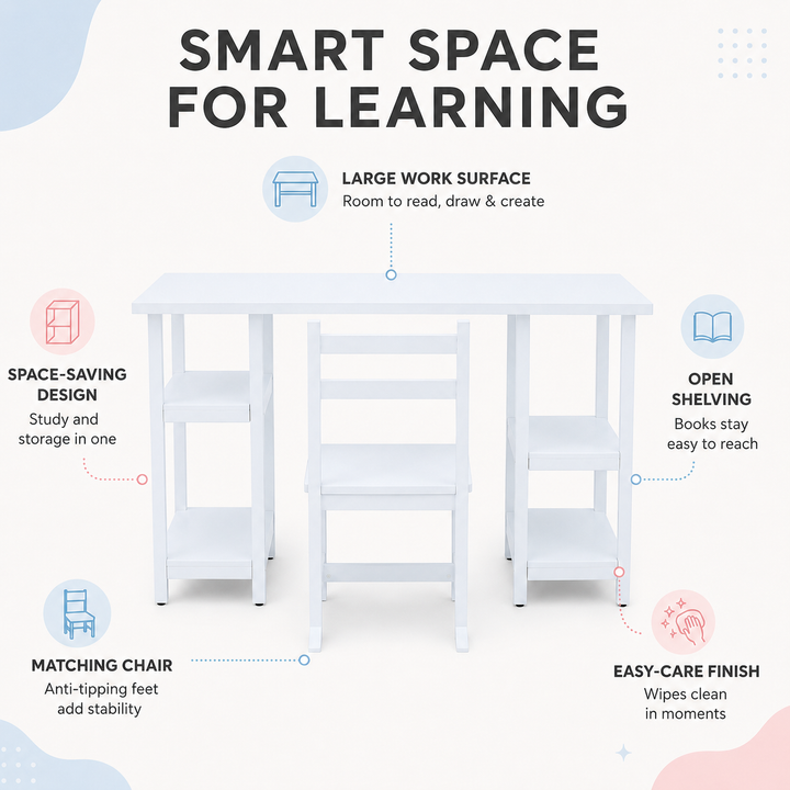 Teamson Kids Wooden Desk & Chair Set with 4 Open Storage Shelves, Spacious Tabletop, Anti-Tip Chair for Reading, Writing, Homework, Drawing & Crafts, Ages 3+, White