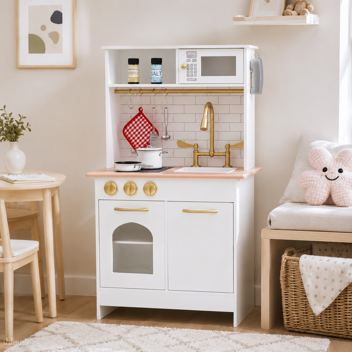 Teamson Kids Little Chef Boston Small Wooden Play Kitchen with Oven, Microwave, Sink, Clicking Knobs, Utensil Hooks, Storage Shelf and 9 Accessories