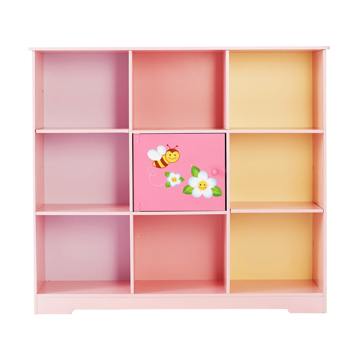 A Fantasy Fields Kids Painted Wooden Magic Garden adjustable cube bookshelf in pink and yellow, featuring ample storage and durable construction.