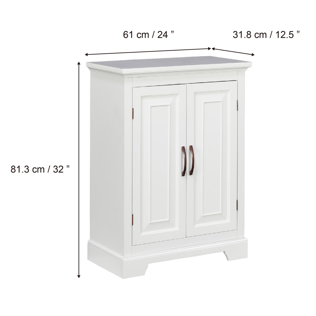 Dimensional graphic of a white floor cabinet with bronze handles