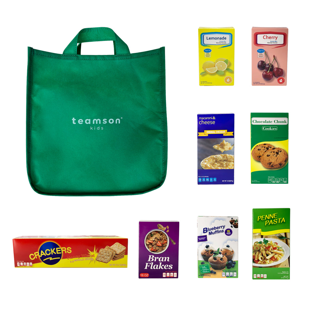 A green grocery bag and pretend food boxes for kids