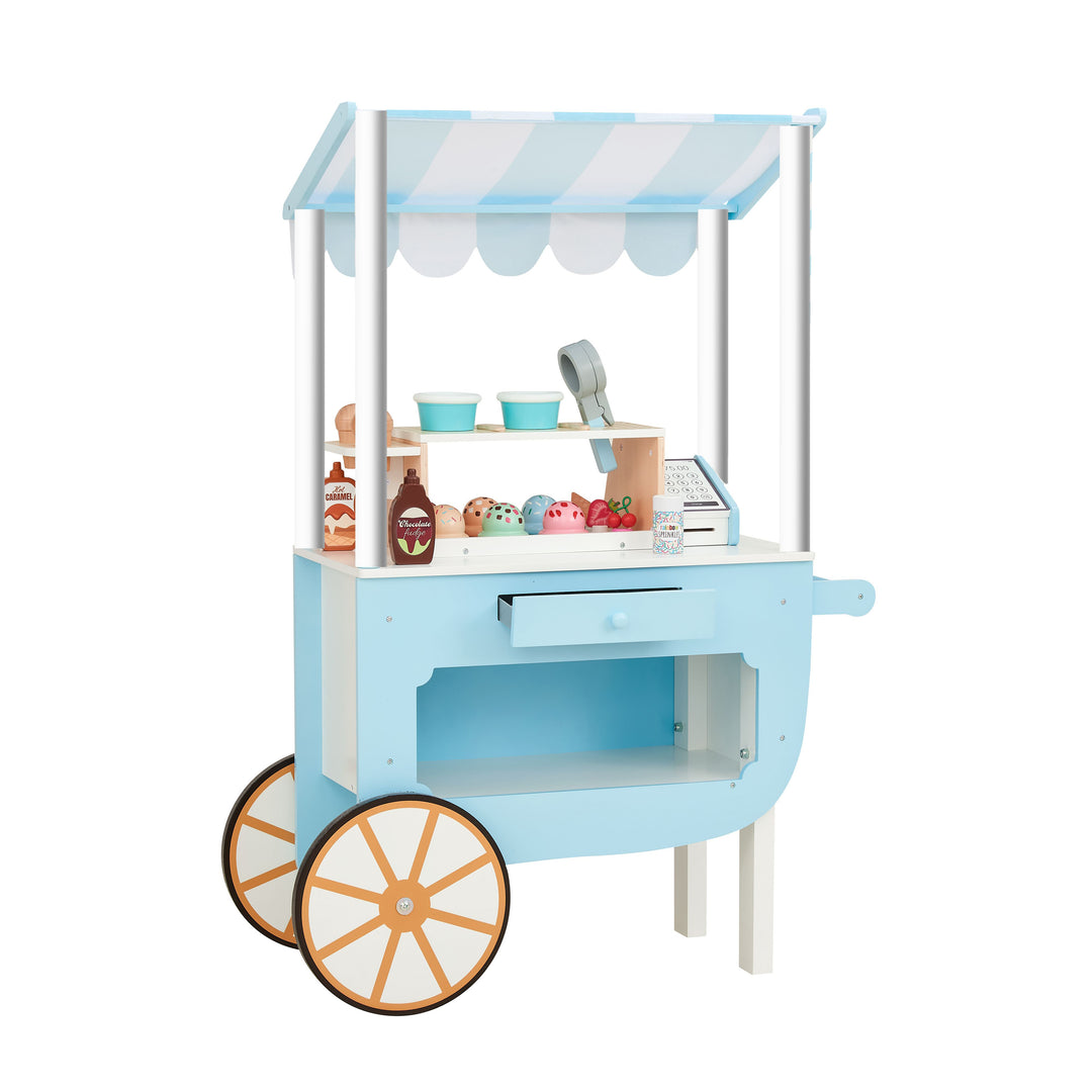 the backside of the ice cream cart is shown displaying a cash register drawer and storage space