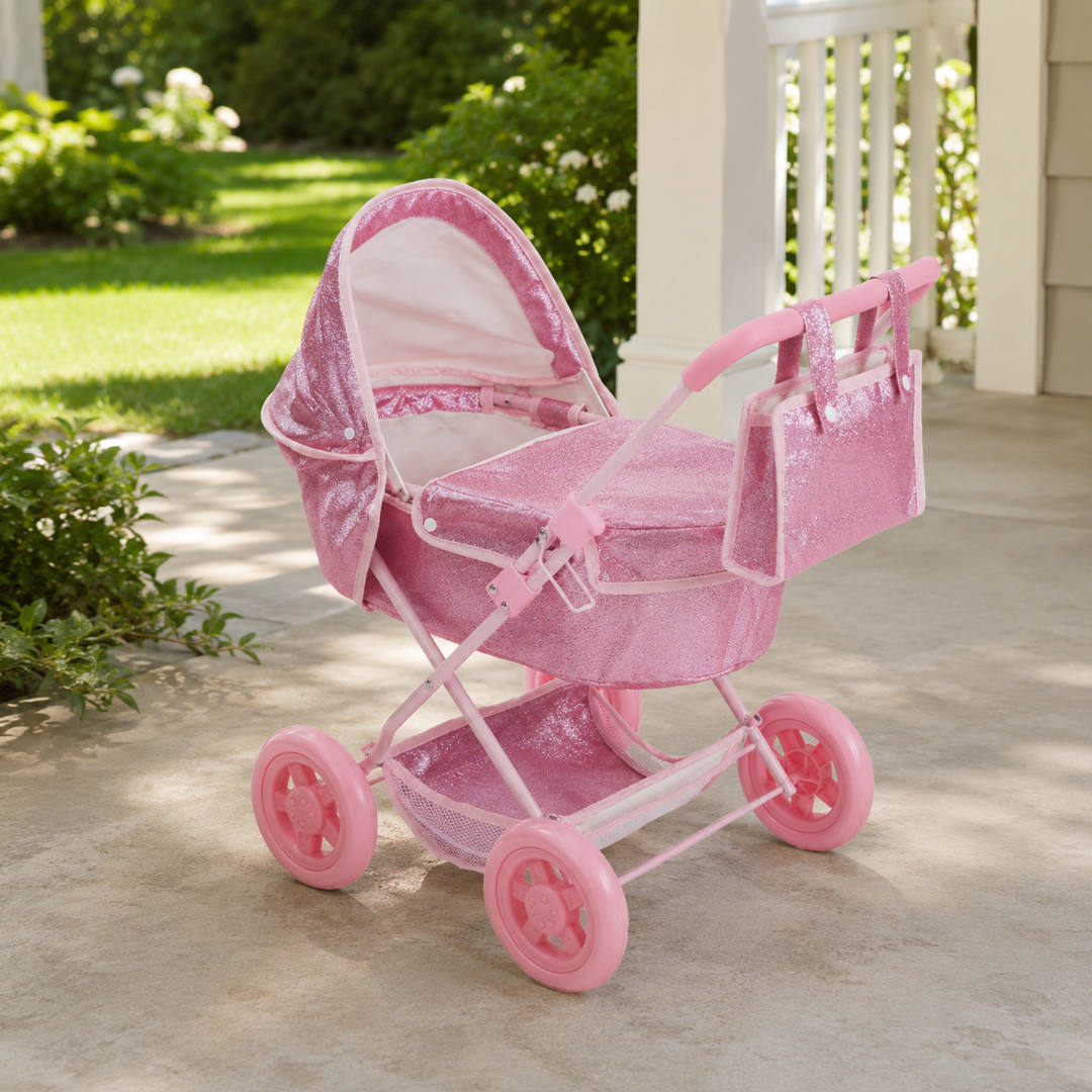 Olivia's Little World Baby Doll Bassinet Pram with Cover, Glitter Pink Doll Stroller with Retractable Canopy, Handle, Doll Seatbelt , All-terrain Wheels and Under Pram Storage for Doll Accessories