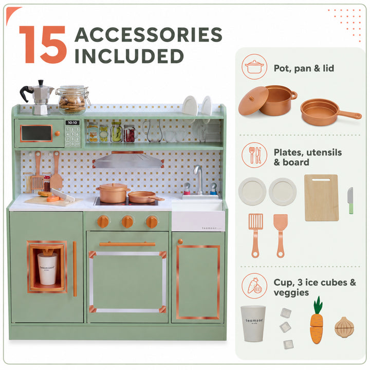 Teamson Kids Wooden Play Kitchen Set with 15 Accessories, Green Retro-style Wooden Pretend Play Kitchen with Ice Dispenser, Oven, Microwave, Sink Little Chef St. Louis