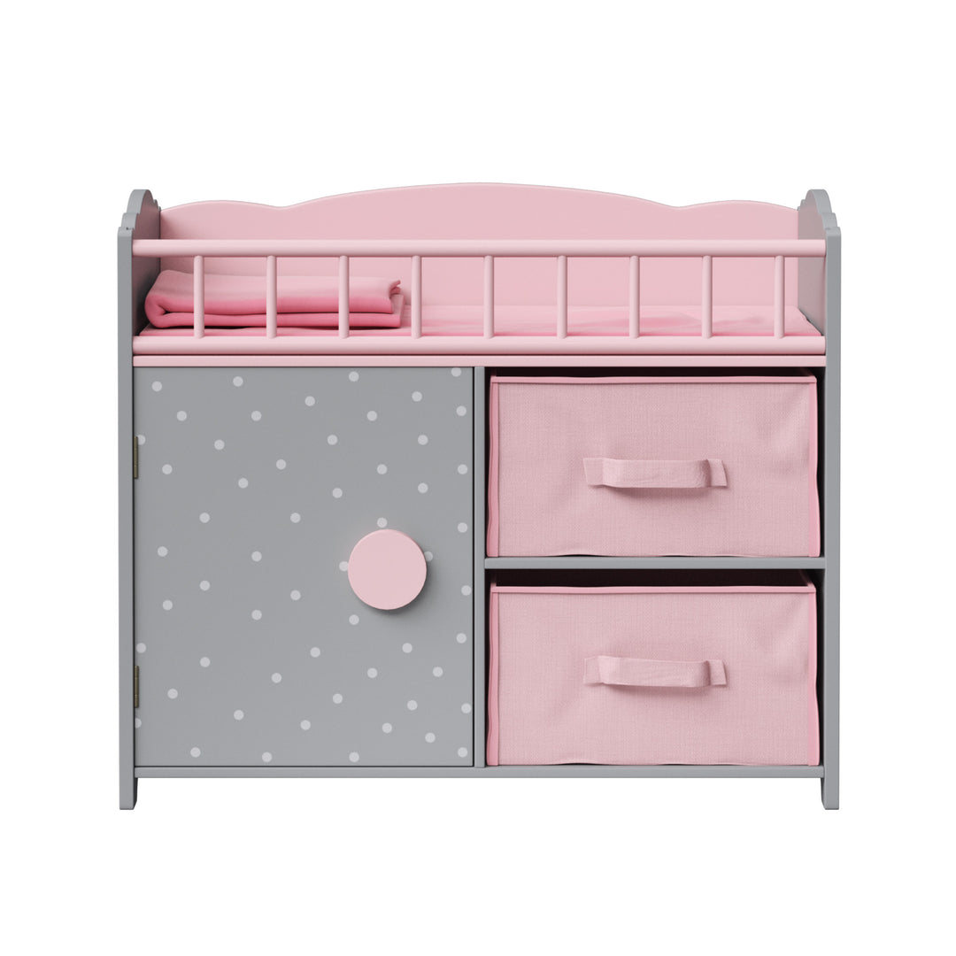 A gray and pink baby doll changing table with pink bins