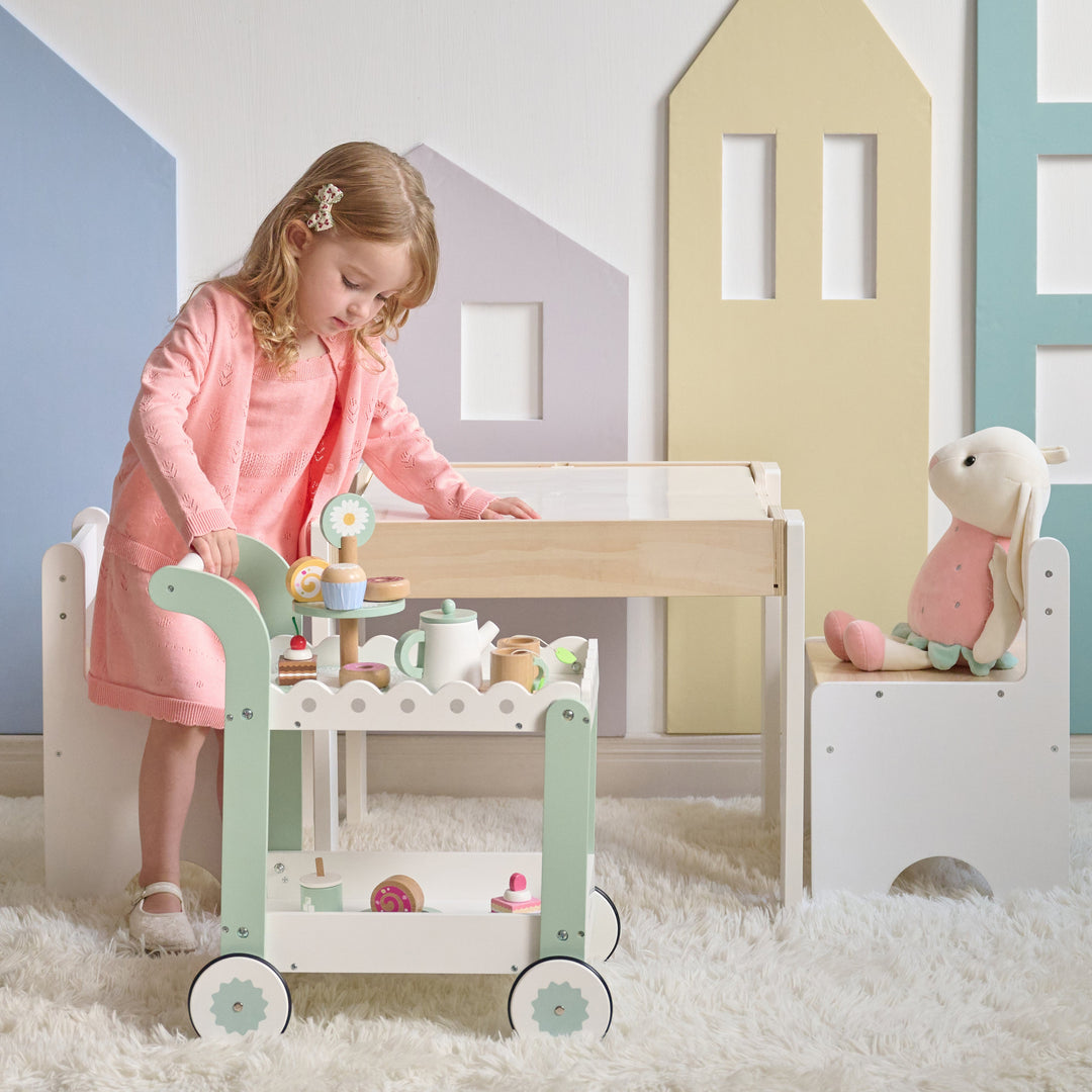 Afternoon Sip Wooden Dessert Cart with 24 Play Food Pieces for Pretend Play by Teamson Kids