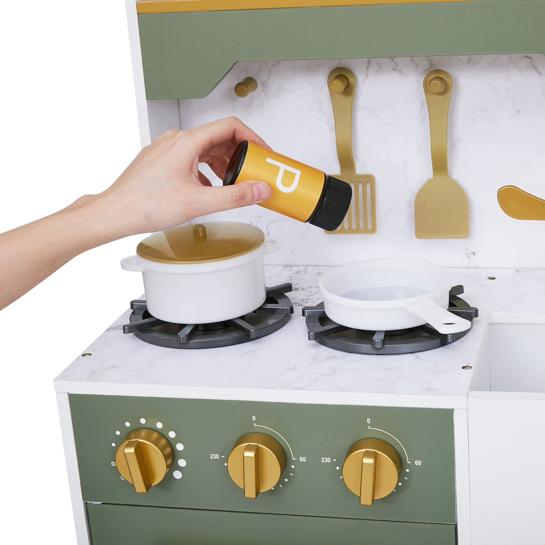 Teamson Kids Versailles Wooden Deluxe Play Kitchen Plus Refrigerator and 15 Accessories, Olive Green