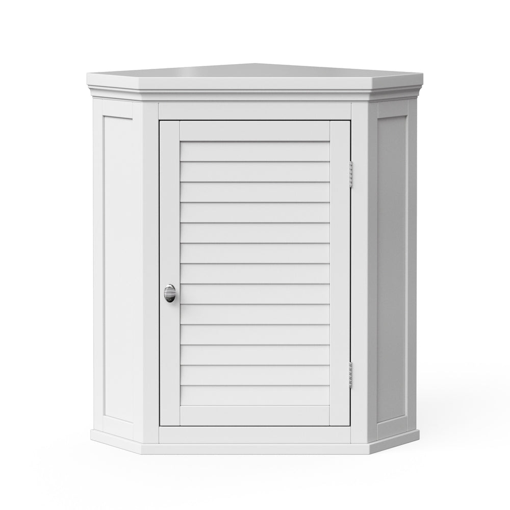 A white corner wall cabinet with a louvered door