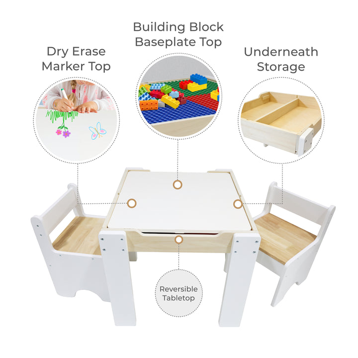 Kids 3-pc. Multi-Activity Table & Chairs Set, white and natural wood finish, with callouts dry-erase surface, building block top, and storage underneath
