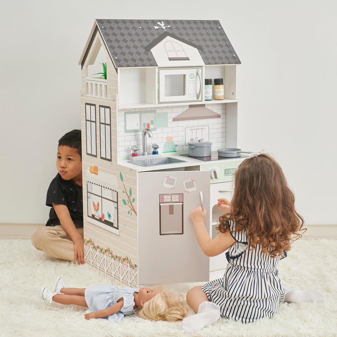 Teamson Kids Wonderland Ariel 2-in-1 Dollhouse/Play Kitchen Playset, Gray & Ivory