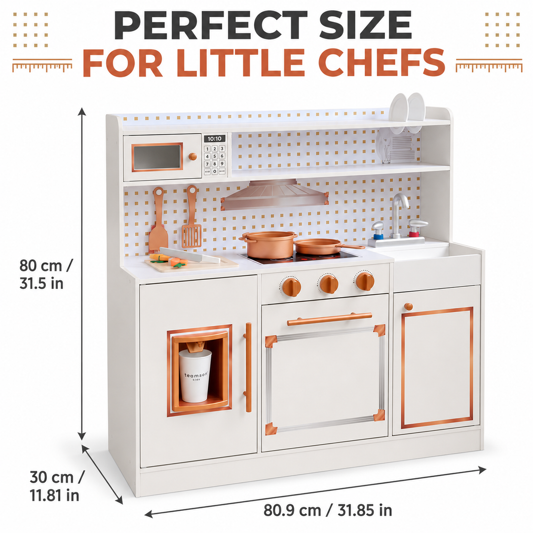 Teamson Kids Wooden Play Kitchen Set with 15 Accessories, Off-White, Retro-style Wooden Pretend Play Kitchen with Ice Dispenser, Oven, Microwave, Sink Little Chef St. Louis