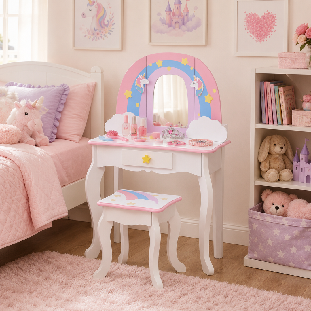 Teamson Kids Little Dreamer Rainbow Unicorn Wooden Play Vanity Set with Acrylic Mirror, Jewelry Pegs, Three Storage Spaces, Matching Stool, Rounded Corners, Non-Toxic Paint and Pastel Finish, Ages 3+