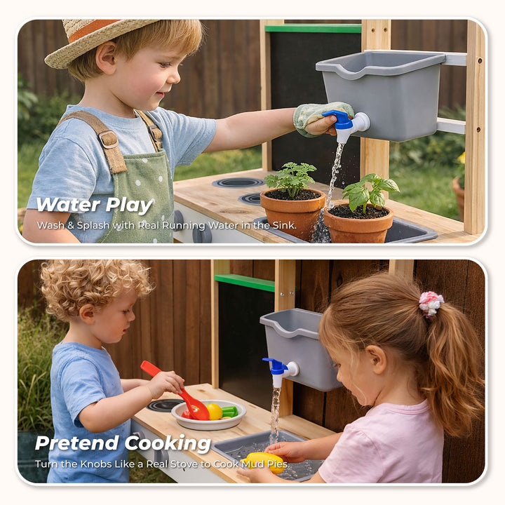 Clover Wooden Mud Kitchen with Sink for Pretend Play by Teamson Kids