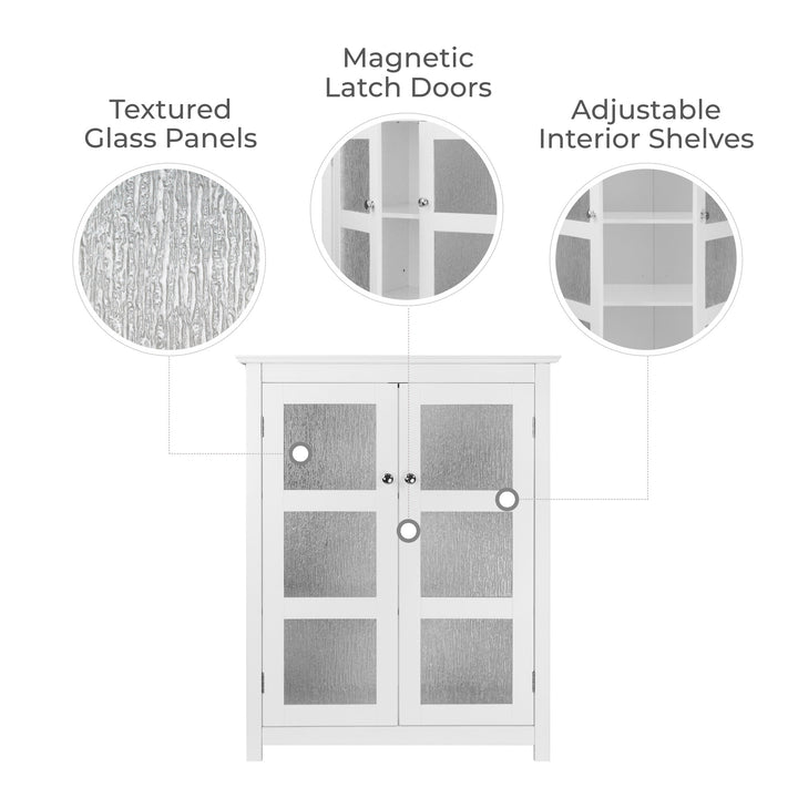 Infographic with callouts over textured glass panels, magnetic latches and adjustable shelves of a white floor cabinet